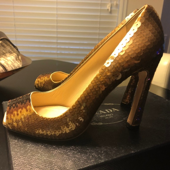 Prada Gold Bronze Sequin Peep Toe Heels 39 - Picture 4 of 7